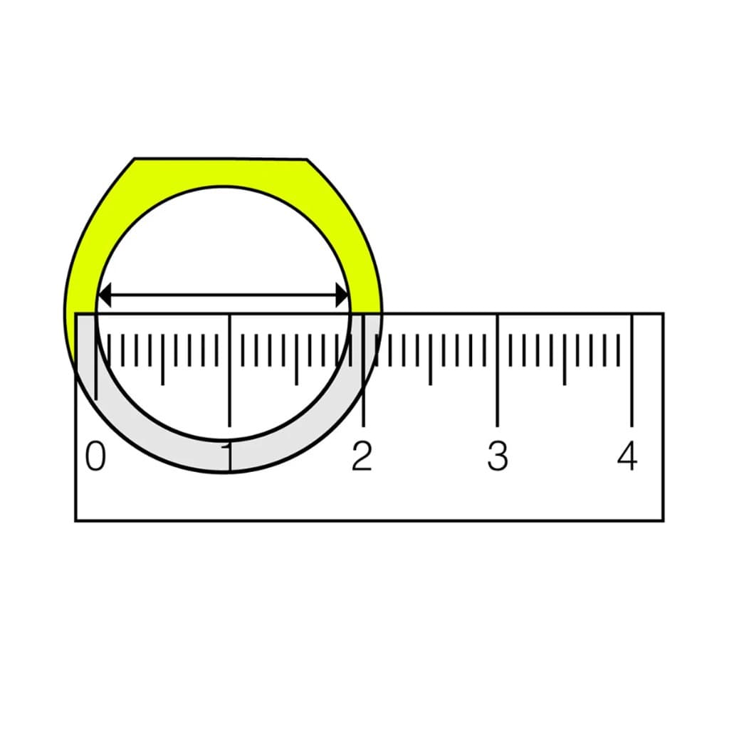 Yellow ring placed on a ruler showing inner diameter measurement at 1.9 cm