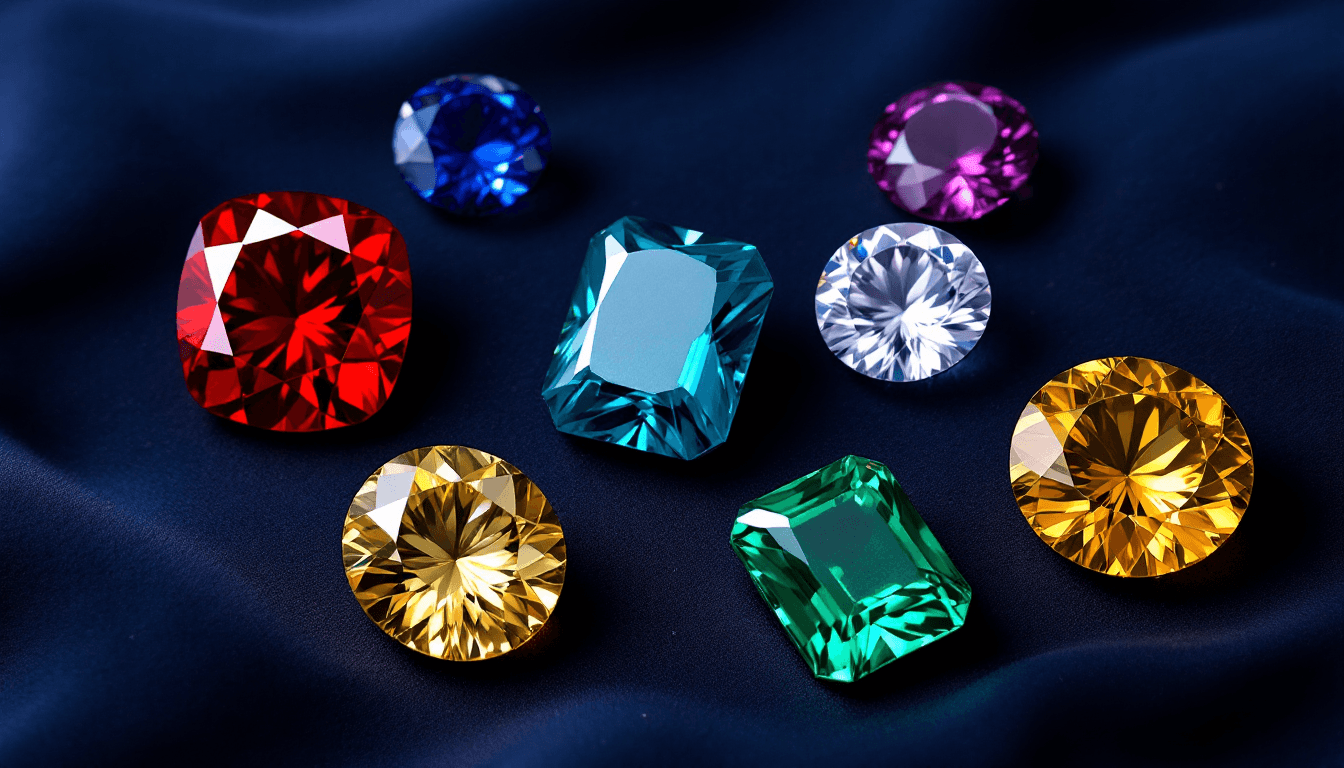 Assorted coloured gemstones on velvet